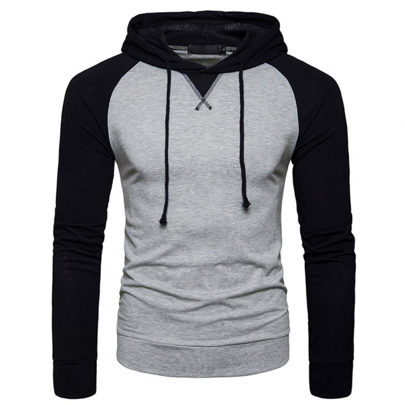 Men Hip-hop Long Sleeve Hoodie Fashion Combined Color Sports Casual Pullover Sweatshirt  light grey_M