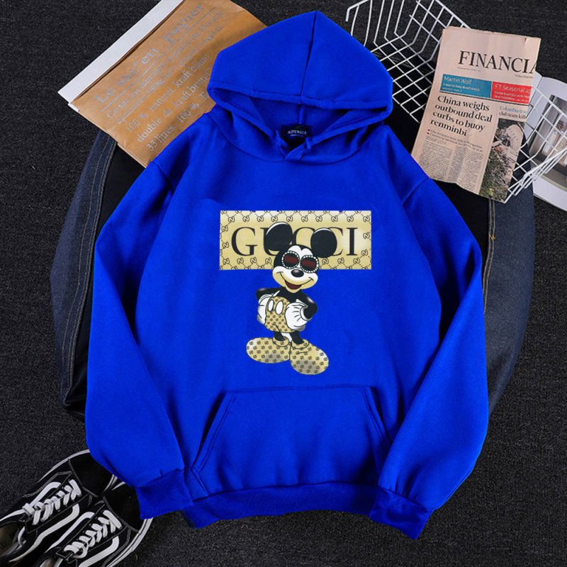 Men Hoodie Sweatshirt Cartoon Micky Mouse Autumn Winter Loose Student Couple Wear Pullover Blue_S