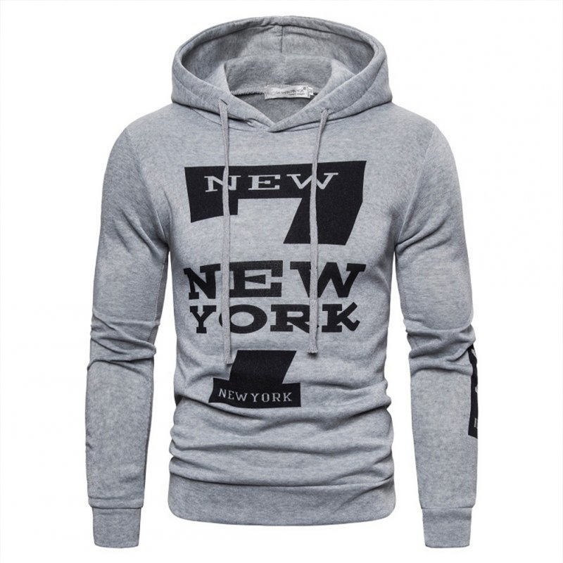 Men Hoodie Sweatshirt New York 7 Printing Drawstring Loose Male Casual Pullover Tops Gray_M