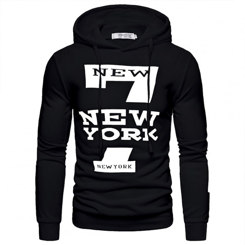 Men Hoodie Sweatshirt New York 7 Printing Drawstring Loose Male Casual Pullover Tops Black_XL