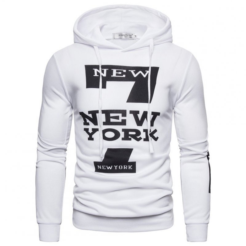 Men Hoodie Sweatshirt New York 7 Printing Drawstring Loose Male Casual Pullover Tops White_M