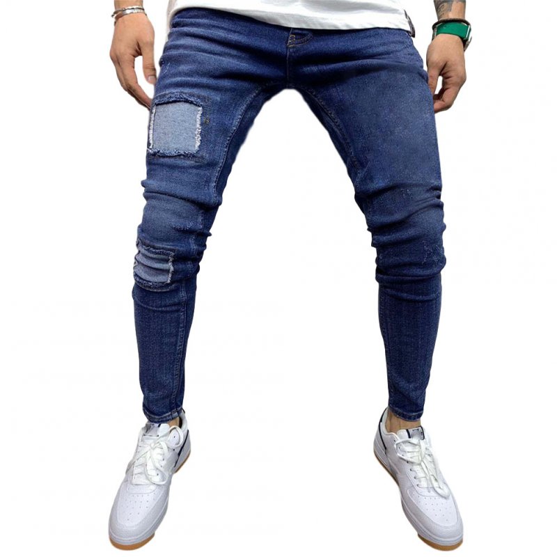 Men Jeans Fashion Middle Waist Patch Denim Trousers Pants for Adults Blue_L