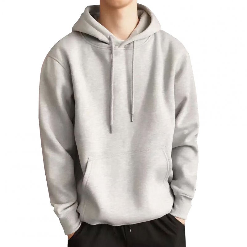 Men Kangaroo Pocket Plain-Colour Sweaters Hoodies for Winter Sports Casual  light grey_L