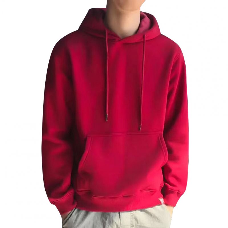 Men Kangaroo Pocket Plain-Colour Sweaters Hoodies for Winter Sports Casual  red_XXXL