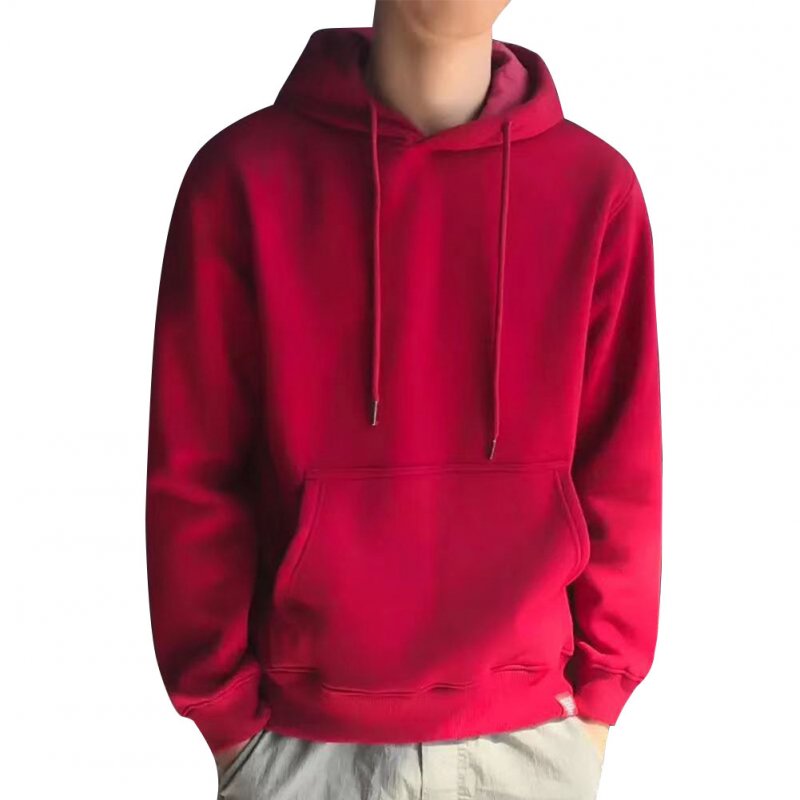 Men Kangaroo Pocket Plain-Colour Sweaters Hoodies for Winter Sports Casual  red_M