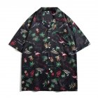 Men Lapel Short Sleeves T-shirt Retro Hawaiian Floral Printing Beach Shirt Loose Cardigan Tops 1323# black M
