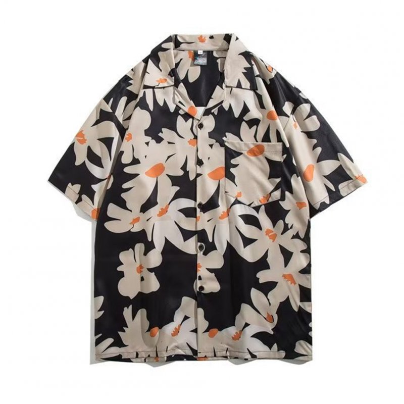 Men Lapel Short Sleeves T-shirt Retro Hawaiian Floral Printing Beach Shirt Loose Cardigan Tops 1321# black M