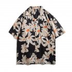 Men Lapel Short Sleeves T-shirt Retro Hawaiian Floral Printing Beach Shirt Loose Cardigan Tops 1321# black L