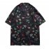 Men Lapel Short Sleeves T shirt Retro Hawaiian Floral Printing Beach Shirt Loose Cardigan Tops 1321  black M