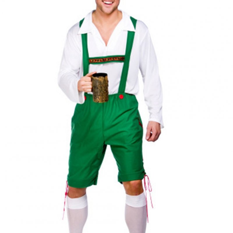 Men Large Size Oktoberfest Shirt + Suspender Pants + Hat for Halloween Costumes green_L