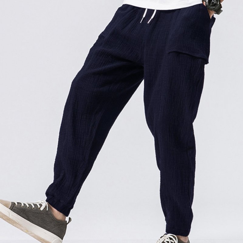 Men Leisure Pants Double Wrinkle Pants Large Size Slim Casual Trousers Navy_L