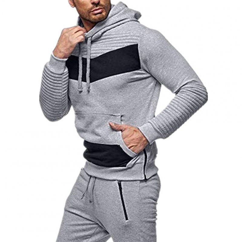 Men Leisure Stitch-color Sweater Long Sleeve Casual Hooded Hoodie Outdoor Sports Jacket  light grey_XL