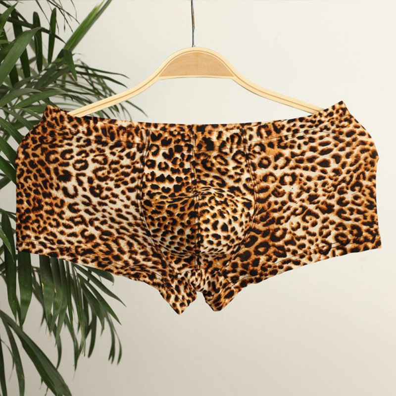 Men Leopard Print Sexy Breathable Boxers with Convex Pouch yellow_XL