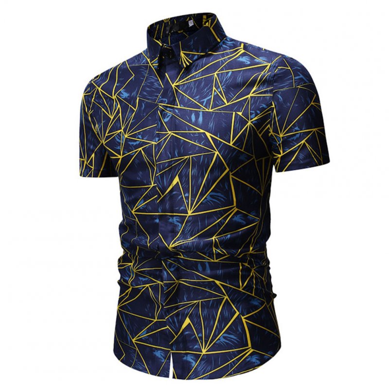 Men Lines Pattern Short Sleeve Shirts Casual Slim Style Tops  Blue gold_2XL