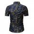 Men Lines Pattern Short Sleeve Shirts Casual Slim Style Tops  Blue gold 2XL