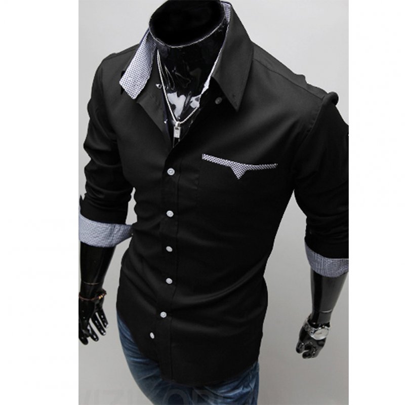 Men Long Sleeve Fashion Slim Casual Thin Plaid Shirt black_3XL