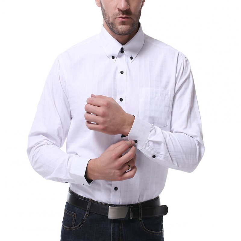 Men Long Sleeve Formal Shirt Casual Business Lapel Adults Tops with Pockets White_M