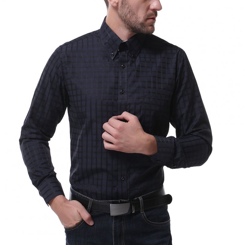 Men Long Sleeve Formal Shirt Casual Business Lapel Adults Tops with Pockets Black_XL