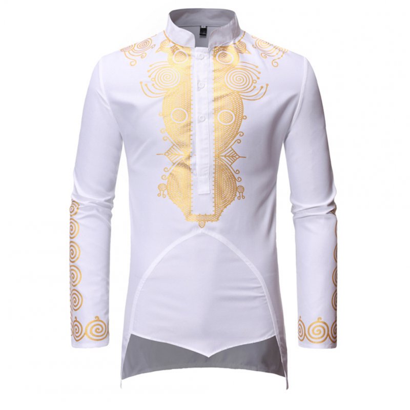 Men Long Sleeve Shirts Gilding Pattern Stand Collar Slim Shirts  white_L