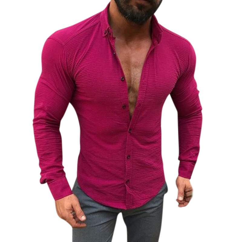 Men Long Sleeve Slim Fit Fashion Leasure Tops Button Lapel Casual Shirt red_M