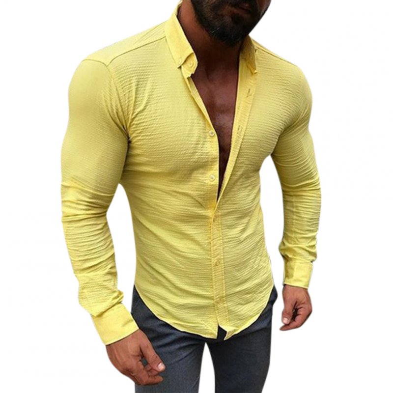 Men Long Sleeve Slim Fit Fashion Leasure Tops Button Lapel Casual Shirt yellow_XL