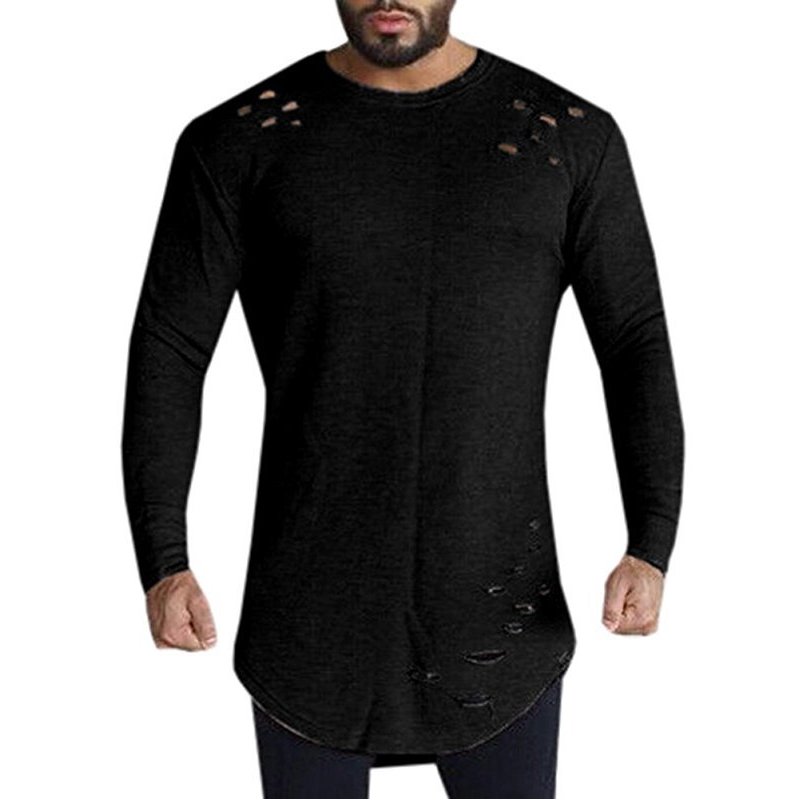 Men Long Sleeve Solid Color Loose T-Shirt Easy Leisure Casual Round Collar Tops T-shirt