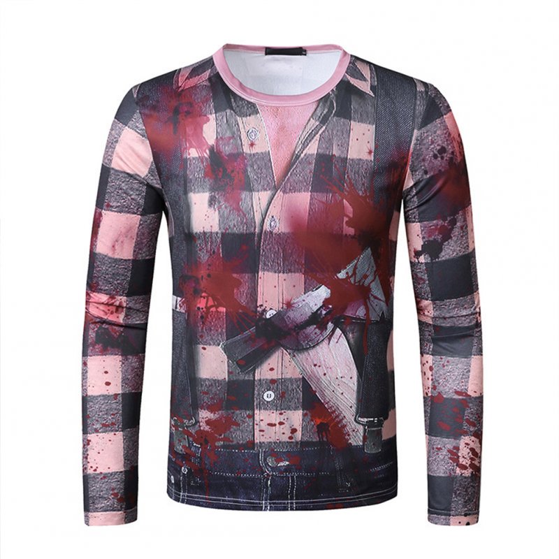 Men Long Sleeve T Shirt 3D Digital Printing Horror Theme Round Neck T-shirt for Halloween plaid_2XL