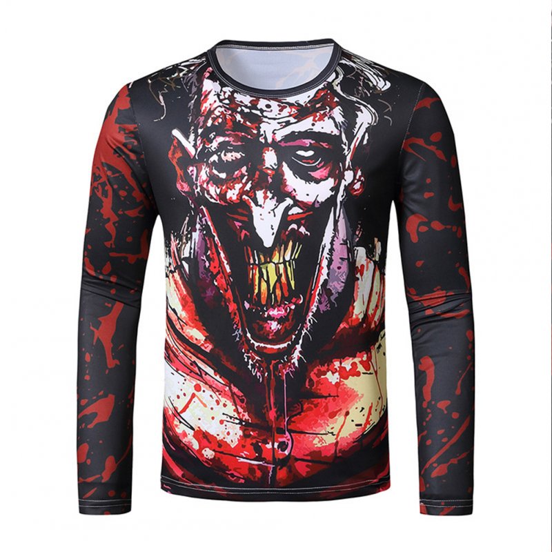 Men Long Sleeve T Shirt 3D Digital Printing Round Collar Halloween Horror Theme Tops Red_L