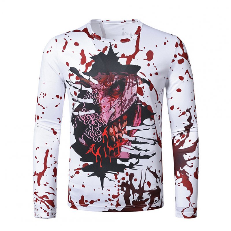 Men Long Sleeve T Shirt Halloween 3D Digital Printing Horror Theme Round Neck T-shirt White_2XL