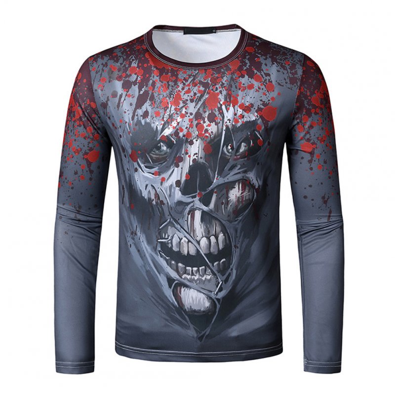 Men Long Sleeve T-shirt 3d Digital Printing Halloween Series Horror Theme Long Sleeved Round Neck Shirt Grey _L