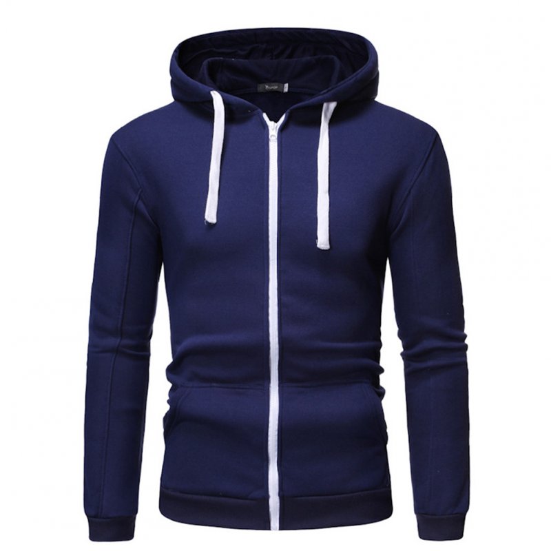 Men Long Sleeve Zipper Hoodie Fashion Solid Color with Drawstring Sports Casual Sweatshirt  Navy blue_M