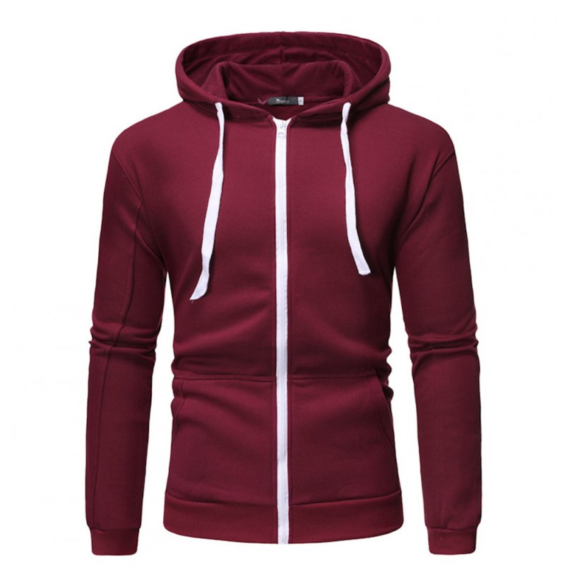 Men Long Sleeve Zipper Hoodie Fashion Solid Color with Drawstring Sports Casual Sweatshirt  Wine red_XXL
