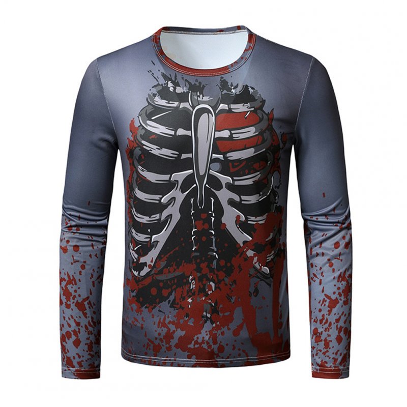 Men Long Sleeved Round Neck Shirt 3d Digital Printing Halloween Series Horror Theme Long Sleeve T-shirt  Grey_M
