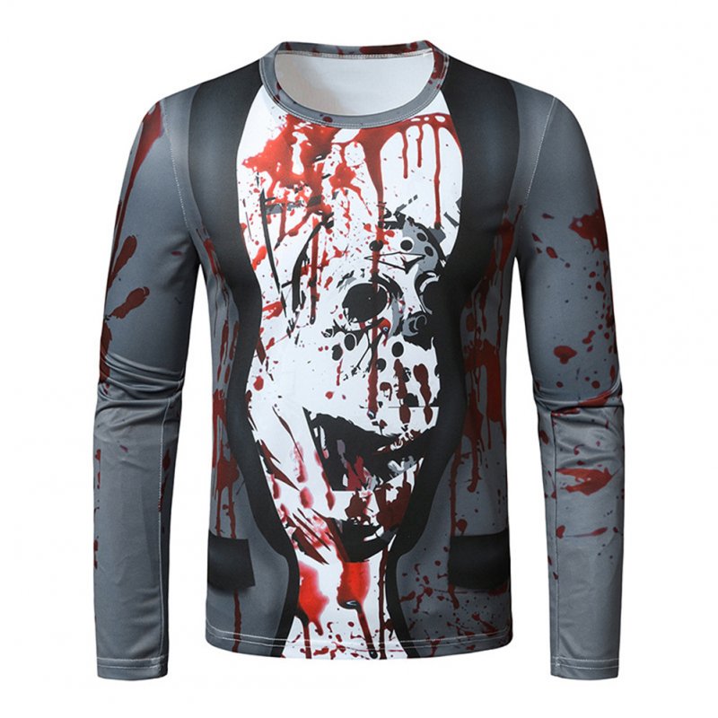 Men Long Sleeved Round Neck Shirt 3d Digital Printing Halloween Series Horror Theme Long Sleeve T-shirt  Gray_S