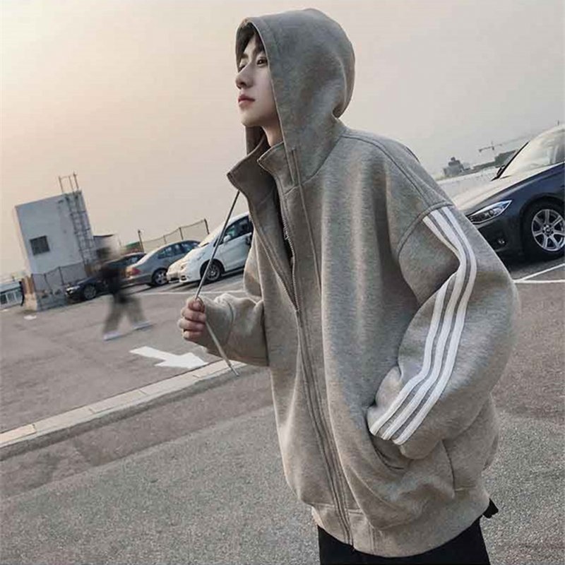 Men Long-Sleeved Zipper Stripe Cardigan Sweater Hoodies for Campus Dating Sports gray_XXL