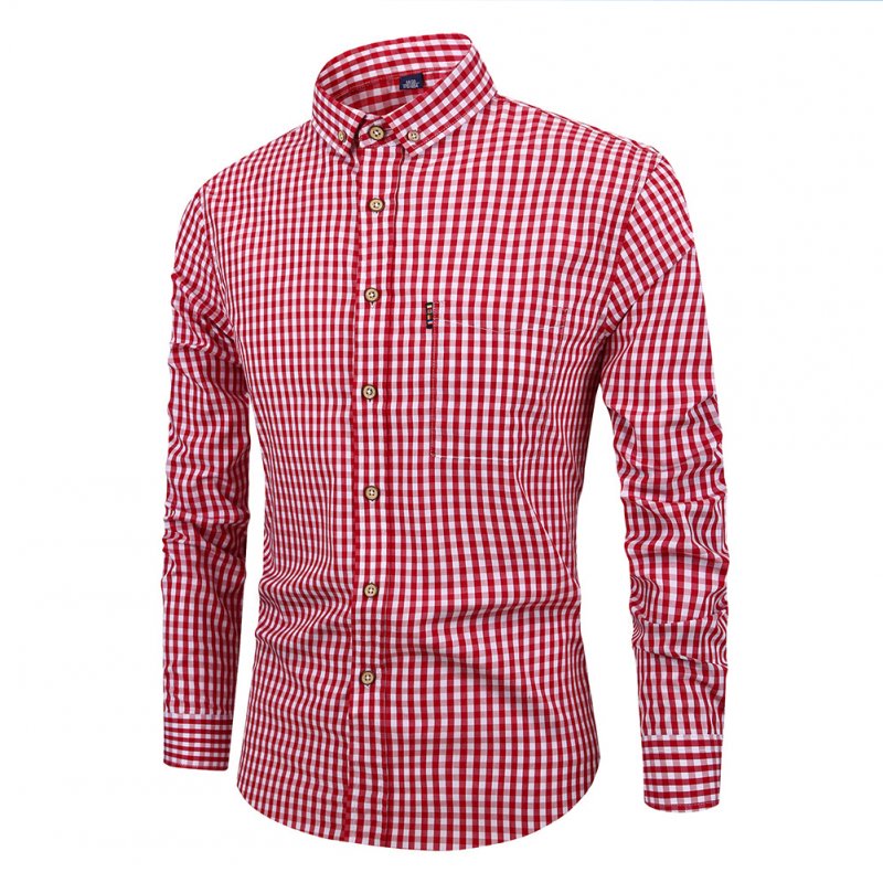 Men Long Sleeves T-shirt Casual Button Down Breathable Cotton Shirt Plaid Printing Slim Fit Tops With Pocket Red and white 43 3XL