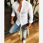 Men Long Sleeves T-shirt Fashionable Slim Fit Stand Collar Tops Casual Simple Solid Color Cardigan Shirt White M