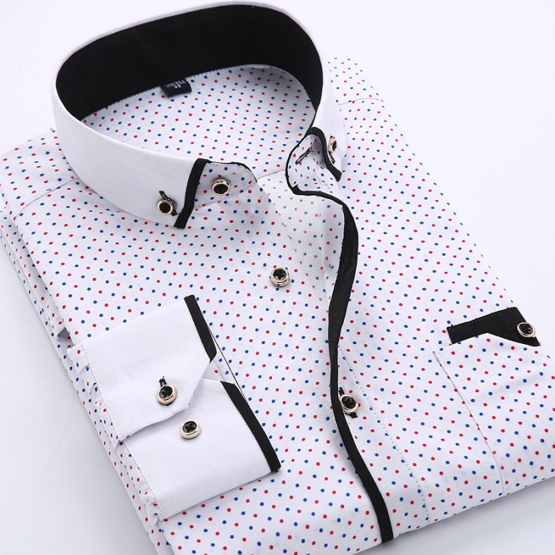 Men Long Sleeves T-shirt Business Lapel Slim Fit Cardigan Tops Casual Polka Dot Printing Shirt XS16 41/XL