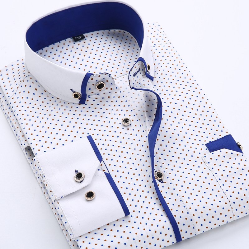 Men Long Sleeves T-shirt Business Lapel Slim Fit Cardigan Tops Casual Polka Dot Printing Shirt XS18 40/L
