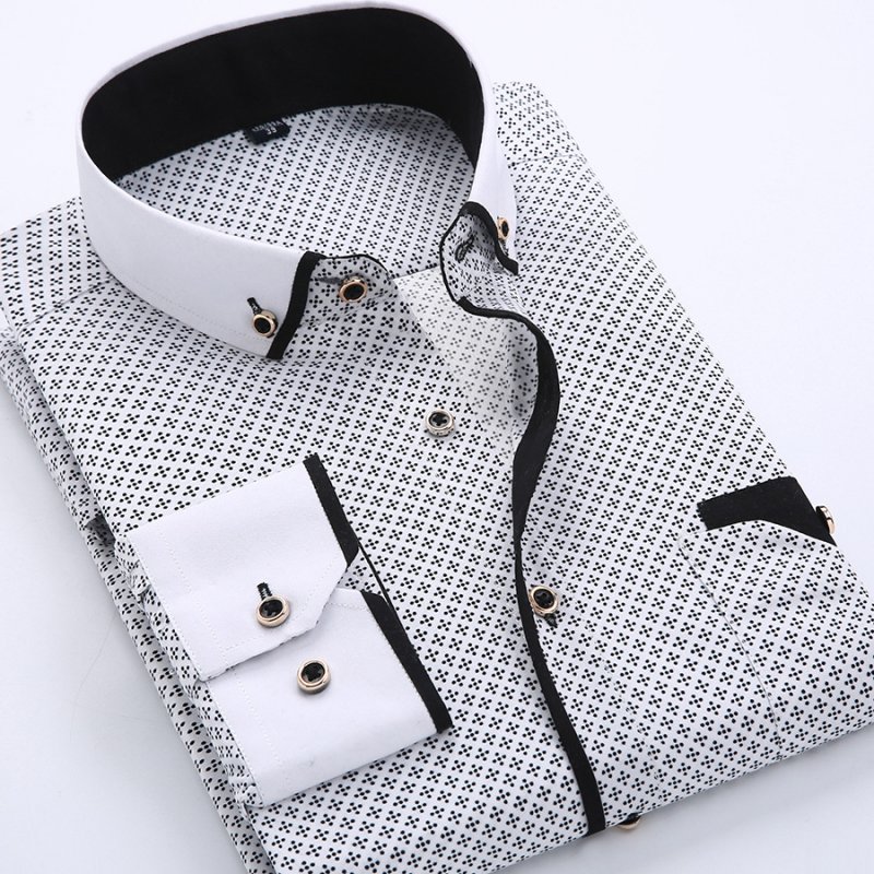 Men Long Sleeves T-shirt Business Lapel Slim Fit Cardigan Tops Casual Polka Dot Printing Shirt XS19 41/XL