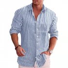 Men Long Sleeves T-shirts Fashion Striped Printing Lapel Cardigan Tops Casual Linen Large Size Shirts blue L