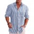 Men Long Sleeves T shirts Fashion Striped Printing Lapel Cardigan Tops Casual Linen Large Size Shirts blue M