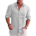 Men Long Sleeves T-shirts Fashion Striped Printing Lapel Cardigan Tops Casual Linen Large Size Shirts grey L