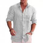 Men Long Sleeves T-shirts Fashion Striped Printing Lapel Cardigan Tops Casual Linen Large Size Shirts grey XXL