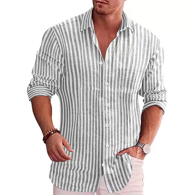 Men Long Sleeves T-shirts Fashion Striped Printing Lapel Cardigan Tops Casual Linen Large Size Shirts grey XXXL