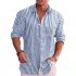 Men Long Sleeves T shirts Fashion Striped Printing Lapel Cardigan Tops Casual Linen Large Size Shirts blue XXL