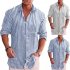 Men Long Sleeves T shirts Fashion Striped Printing Lapel Cardigan Tops Casual Linen Large Size Shirts grey S