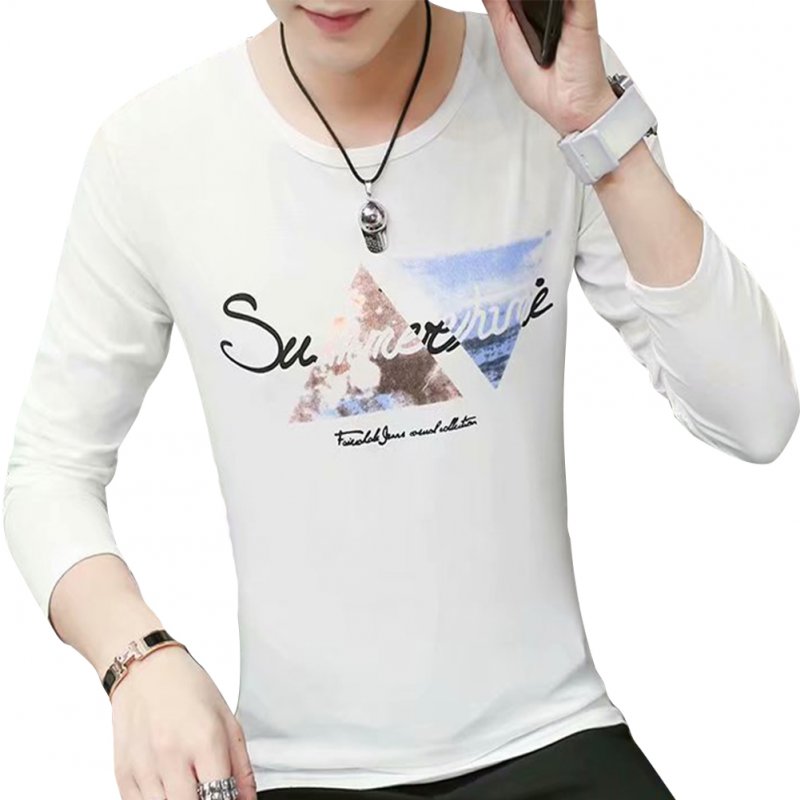 Men Long-sleeved Round Collar T-shirt Slim Shirt Old duck double triangle long sleeve white_(175cm/70kg) XXL