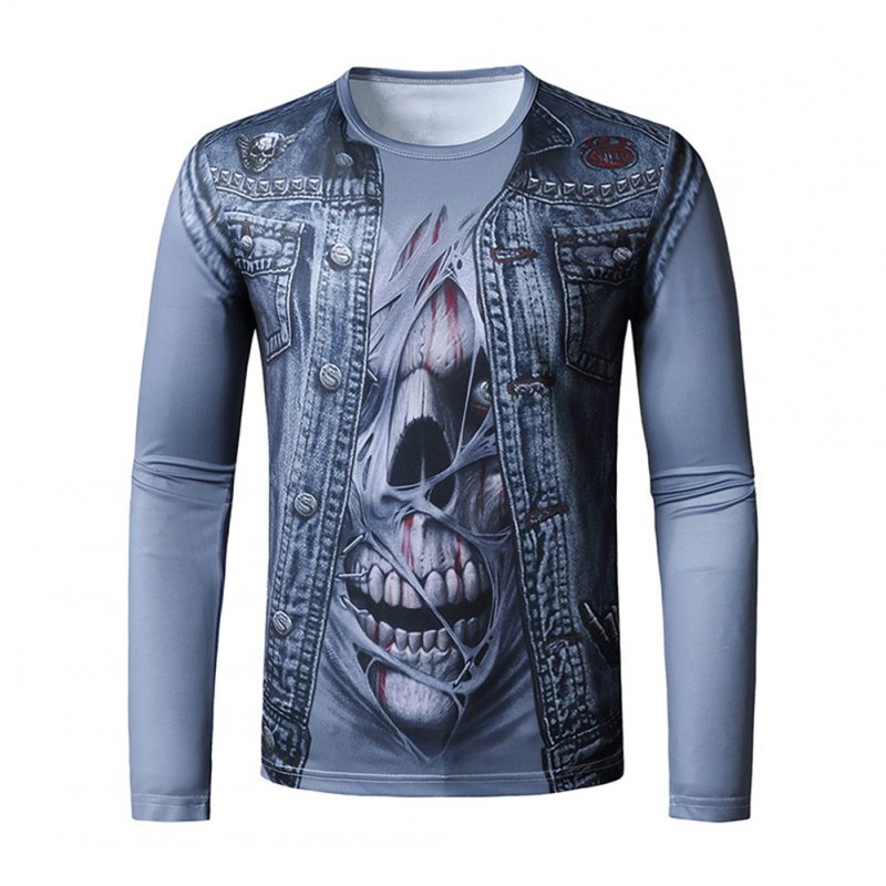 Men Long-sleeved Shirt 3D Digital Printing Halloween Series Horror Theme Long Sleeved Round Neck Shirt Blue_XL