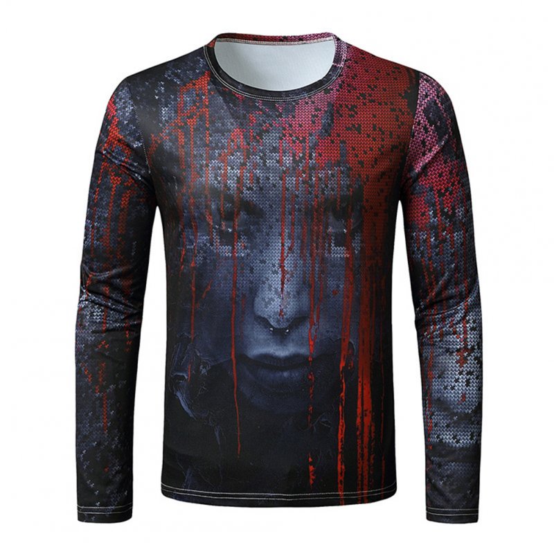 Men Long-sleeved Shirt Round Neck 3D Digital Printing Halloween Series Horror Theme Long Sleeved Shirt Black _XL